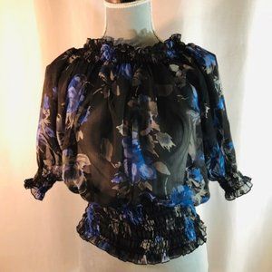 Cute Black & Blue Rose Floral Long Sleeve Blouse